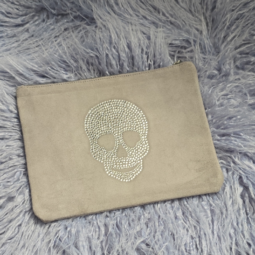 Gray Suede Clutch / Pouch with Rhinestone Skull Design